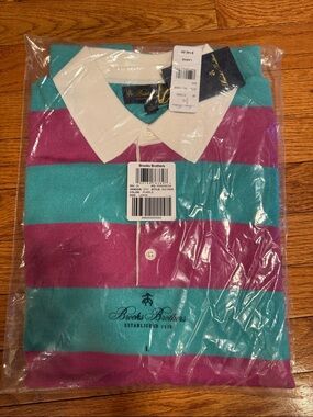 NWT Brand New Brooks Brothers Men’s Teal and Purple Striped Polo/Rugby Shirt